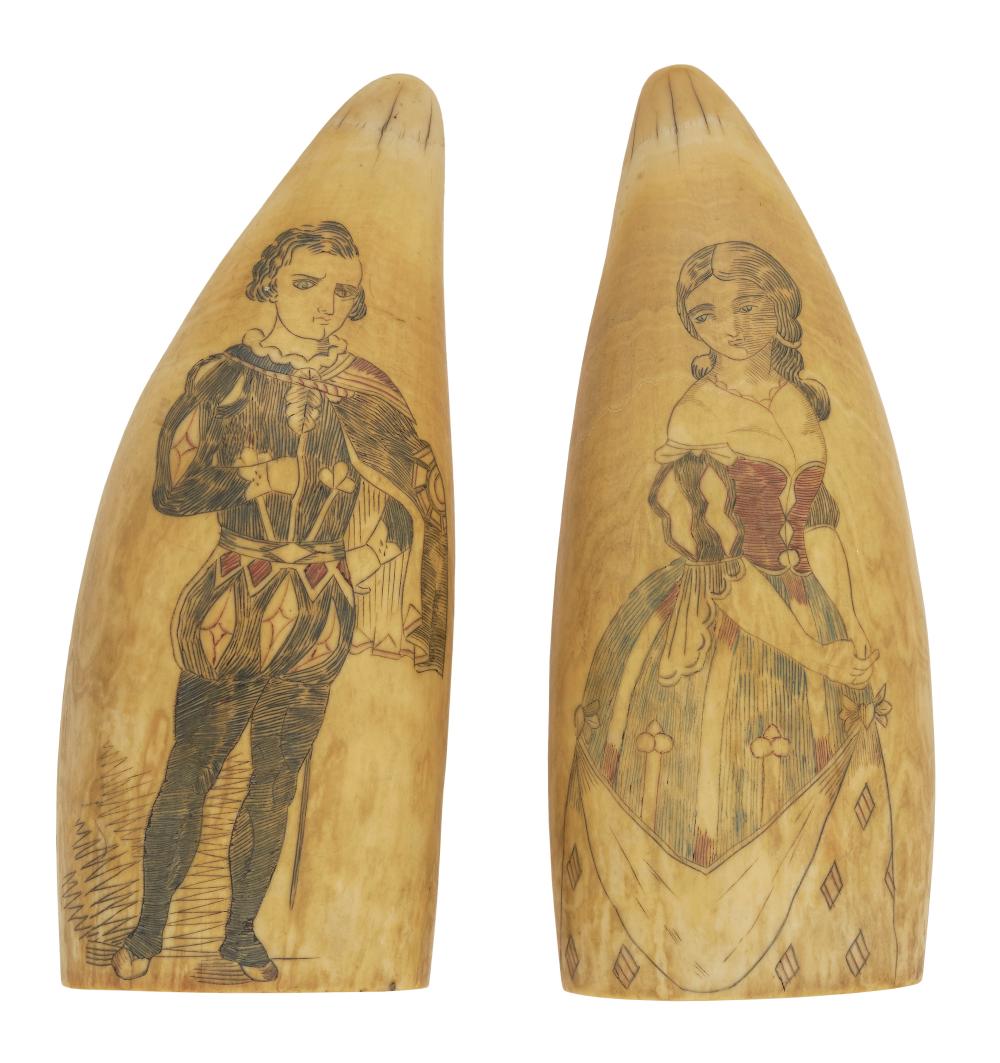 PAIR OF POLYCHROME SCRIMSHAW WHALE'S