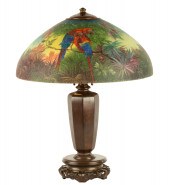 HANDEL REVERSE PAINTED PARROT LAMP Early