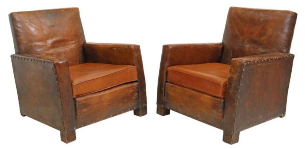  2 FRENCH ART DECO BROWN LEATHER 355228