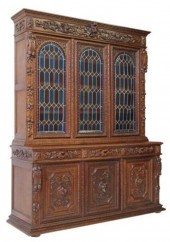 FRENCH CARVED OAK & STAINED GLASS BOOKCASEFrench