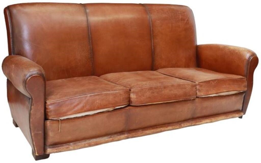 FRENCH ART DECO BROWN LEATHER THREE SEAT 355b18