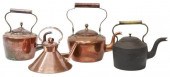 (4) ENGLISH COPPER & CAST IRON KETTLES,