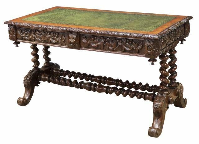 ENGLISH CARVED OAK LEATHER TOP 35b334