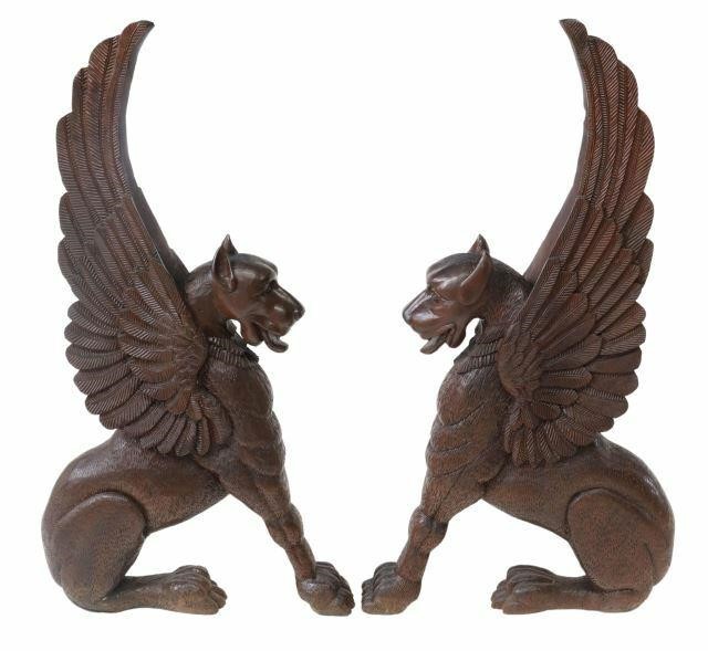  2 CARVED MAHOGANY GRIFFIN ARCHITECTURALS lot 3599bc