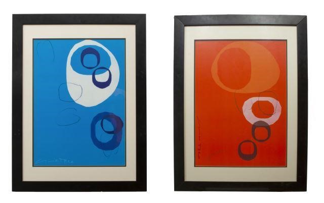  2 SIGNED MODERN BLUE RED ABSTRACT 35c5fe