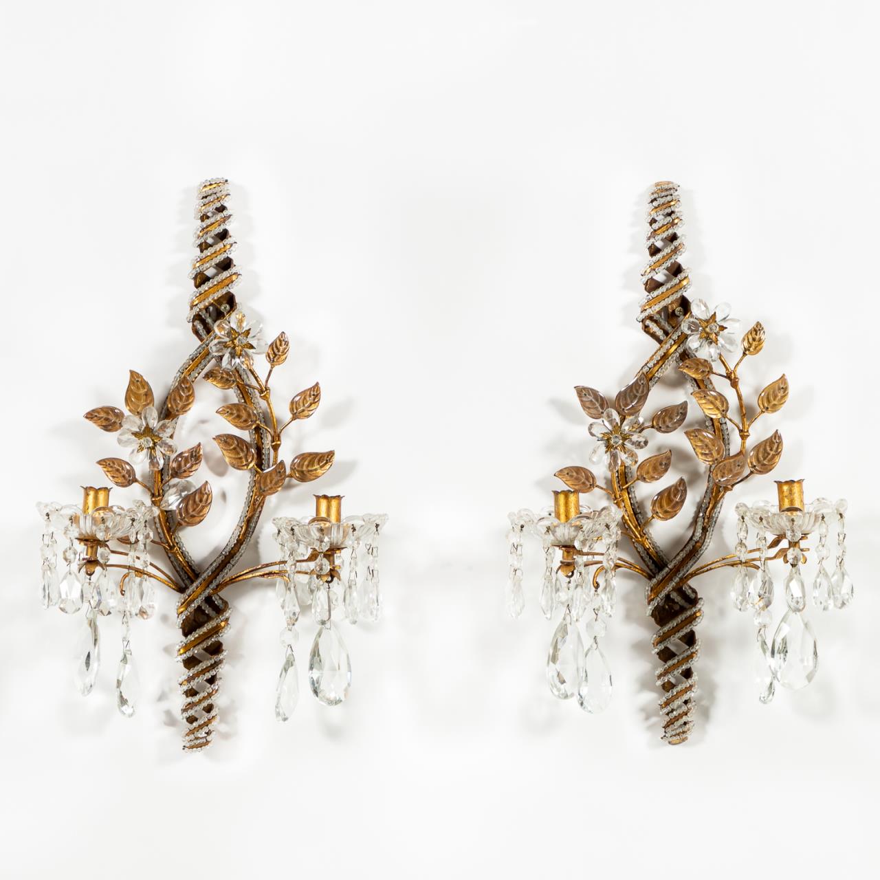 PAIR, GILT METAL AND CRYSTAL FLORAL