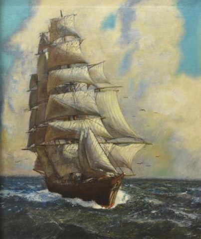 FRAMED OIL PAINTING NAUTICAL SAILING 35d14a