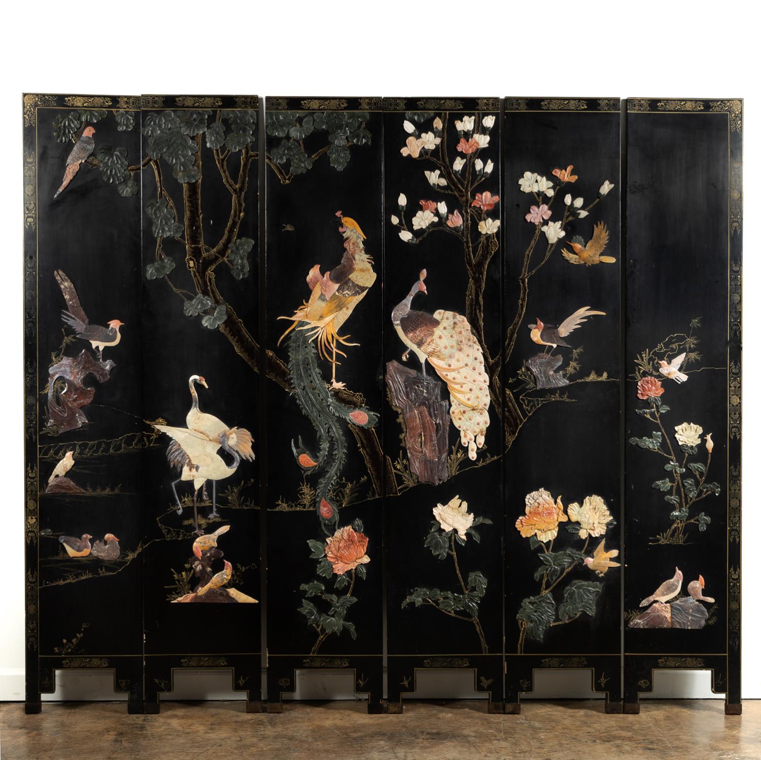 CHINESE SIX PANEL LACQUER HARDSTONE 35d2d3