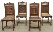 (4) FRENCH BRETON CARVED OAK CHAIRS,