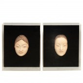 PAIR, JAPANESE CLAY NOH MASKS IN ACRYLIC