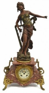 FRENCH FIGURAL ROUGE MARBLE MANTEL CLOCKFrench