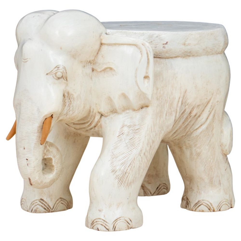 WHITE CARVED WOOD ELEPHANT STOOL 35ff17