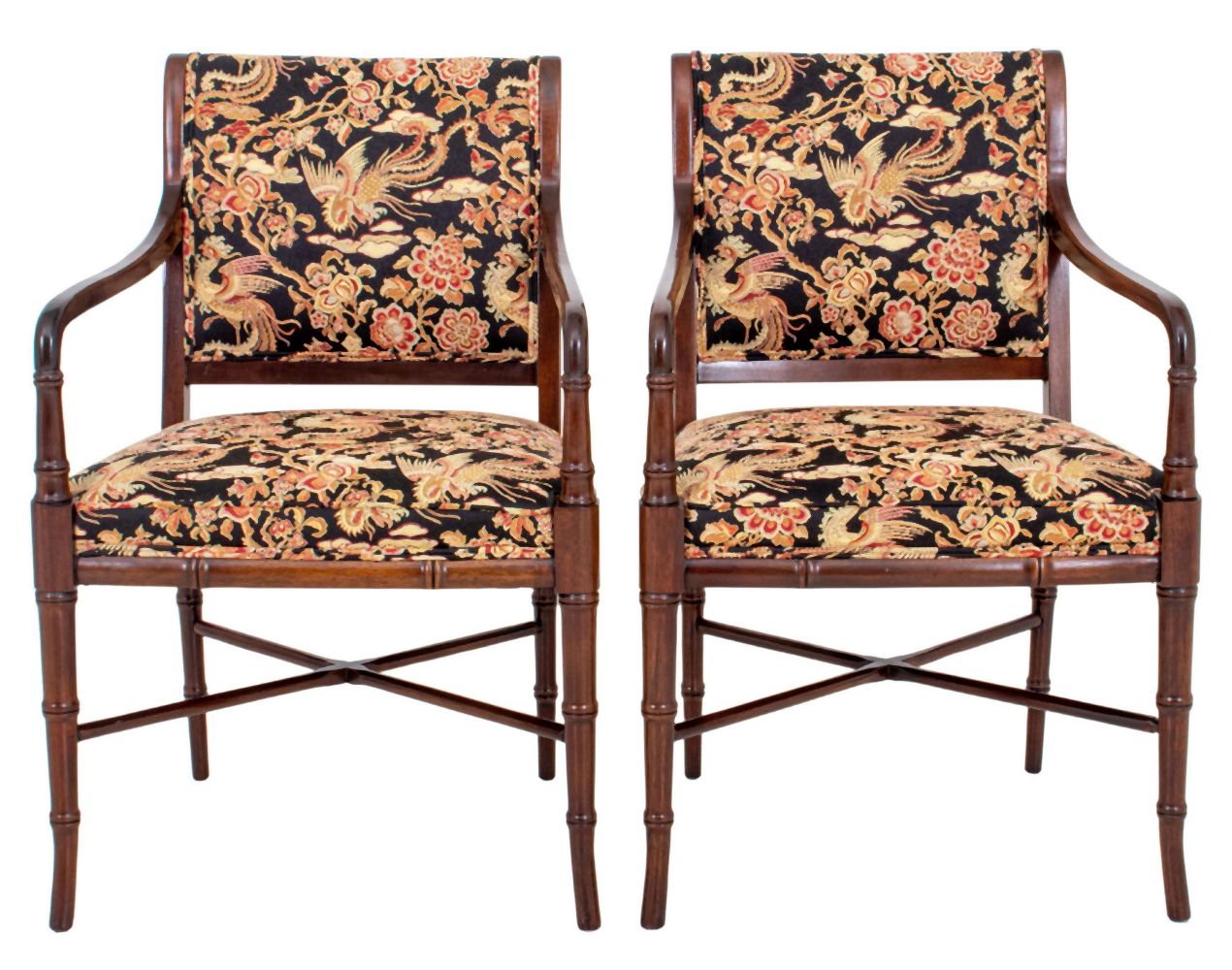 REGENCY STYLE FAUX BAMBOO ARM CHAIRS,