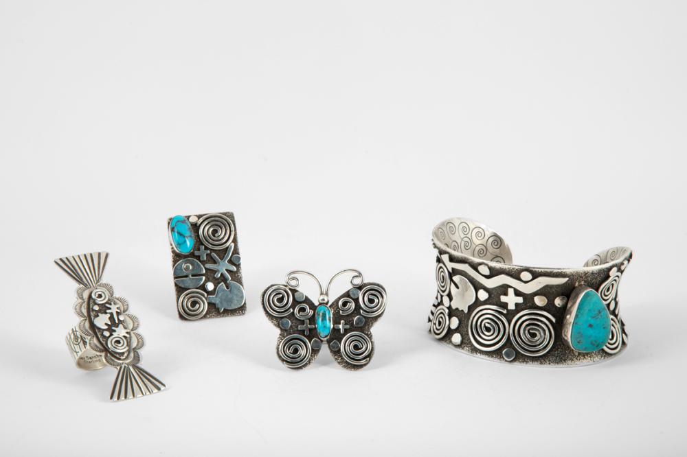 LOT OF SILVER AND TURQUOISE PETROGLYPH 362f19