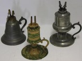 3 PEWTER WHALE OIL LAMPS.  2 WITH CAMPHENE