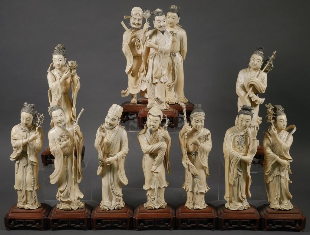 12 IVORY STATUES, ANTIQUE SIGNED