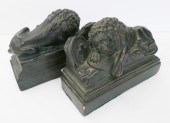 Pair Antique Armored Bronze Lion Bookends-