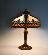 STAINED GLASS BENT PANEL FILIGREE LAMP: