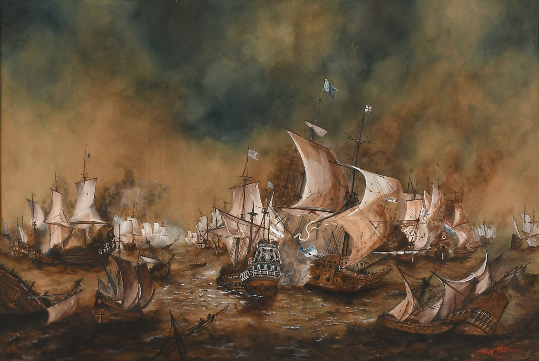 MARITIME BATTLE PAINTING DEPICTING 36be81