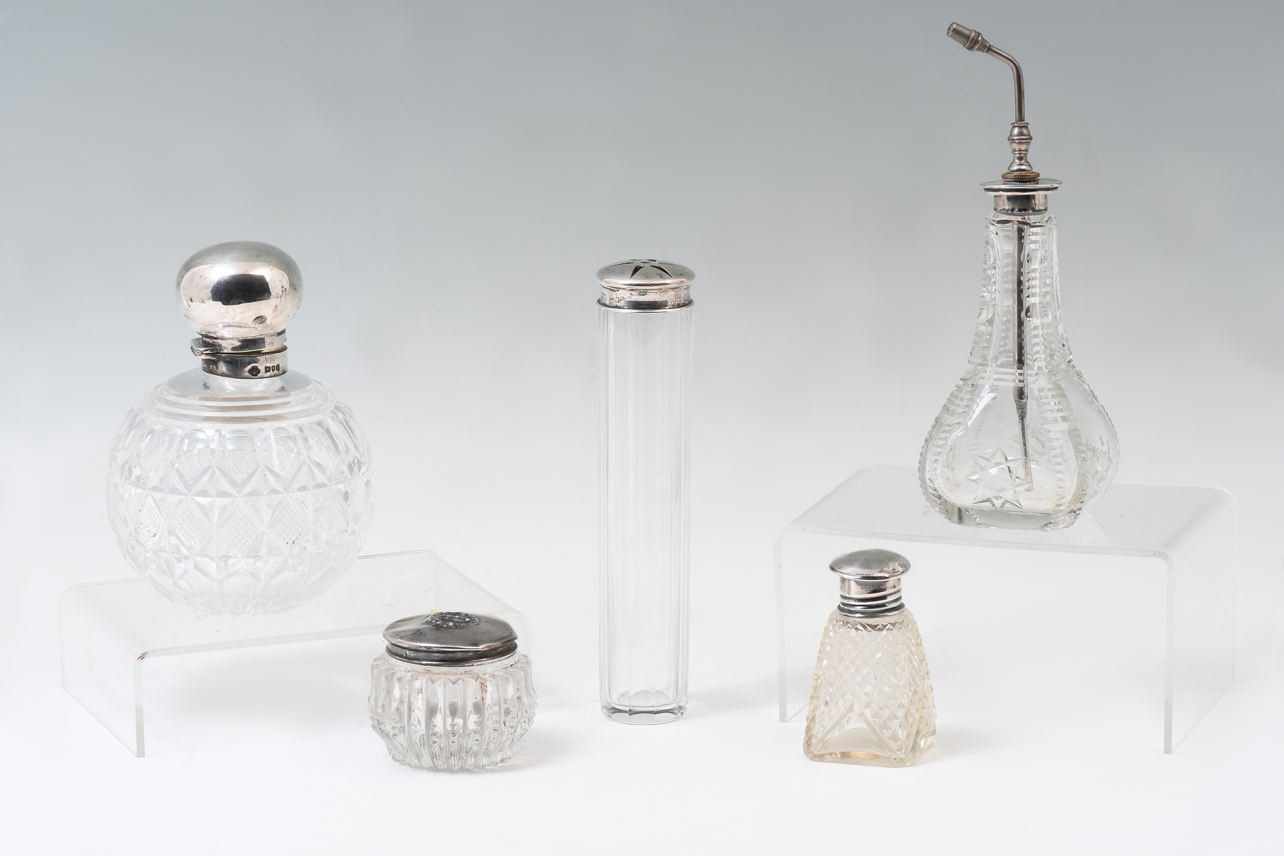 5 CUT GLASS VANITY BOTTLES WITH 36c09f