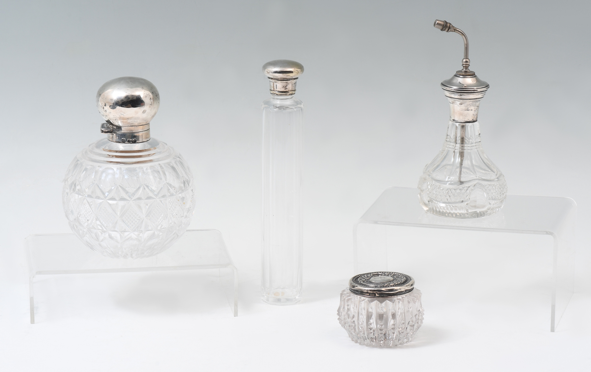 4 CUT GLASS VANITY BOTTLES WITH 36c0a0