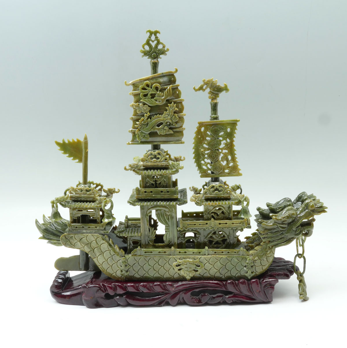 CARVED CHINESE JADE SHIP ON STAND  36c26f