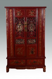CARVED CHINESE RED LACQUERED CABINET: