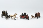 3 PC. CAST IRON WAGONS & MOTORCYCLE: