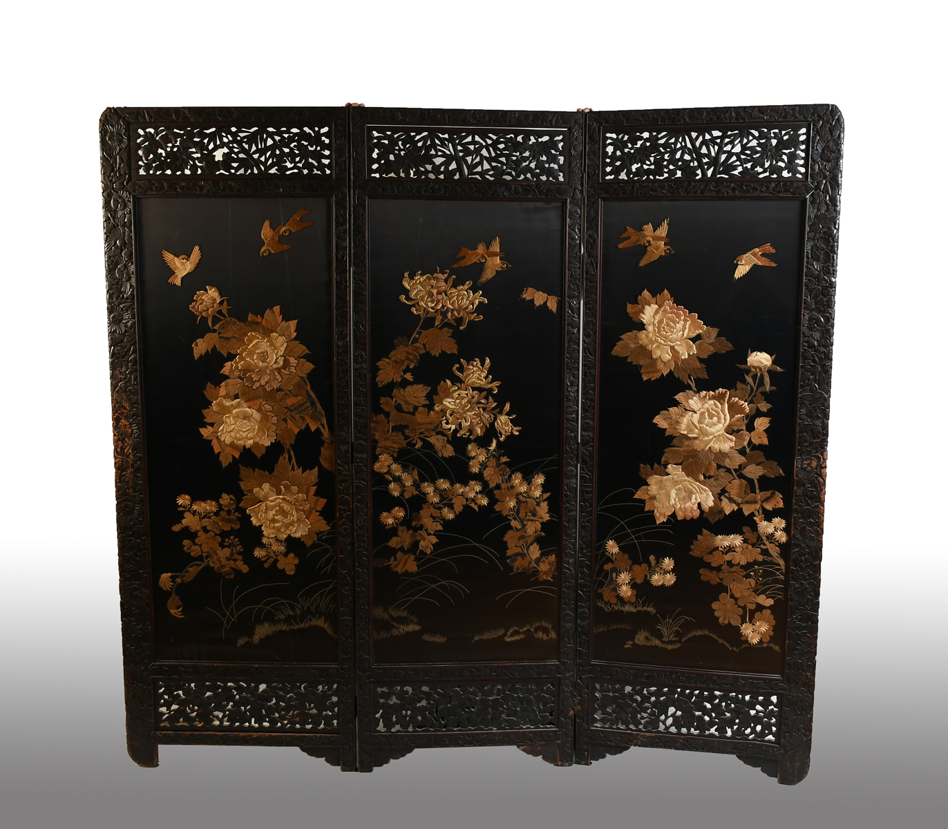 CARVED 3 PANEL ORIENTAL EMBROIDERED 36ae5b