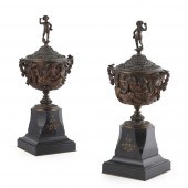 PAIR OF FRENCH BRONZE URNS AND COVERS
LATE