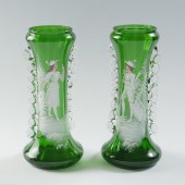 PAIR OF GREEN MARY GREGORY VASES: 2-