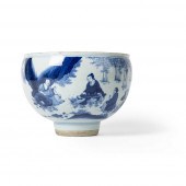 BLUE AND WHITE SEVEN SAGES STEM BOWL
QING