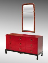 RED LACQUER CHINESE STYLE DRESSER AND