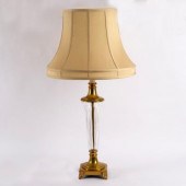 A glass and brass table lamp, fitted