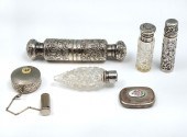 6 PIECE SILVER REPOUSSE & GLASS PERFUME