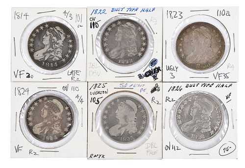 GROUP OF SIX CAPPED BUST HALF DOLLARS1814 3 371043