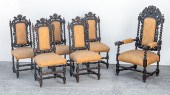 6 CAROLEAN STYLE HIGHLY CARVED OAK CHAIRS: