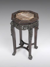 CARVED CHINESE MARBLE TOP ROSEWOOD TABLE:
