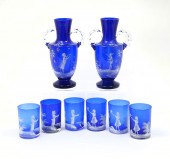 8 PC. MARY GREGORY COBALT BLUE VASES