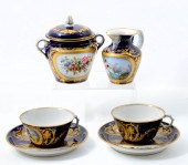SEVRES SUGAR CREAMER AND TWO TEA CUPS: