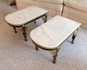 PR CARVED MARBLE TOP END TABLES: 2 D-shaped,