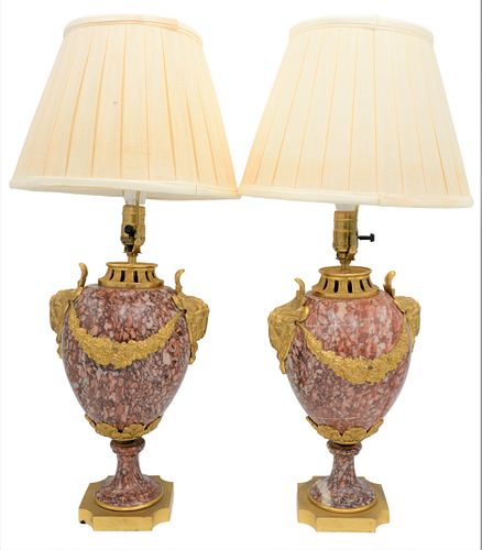 A PAIR OF ROUGE MARBLE URNSA Pair 374edd