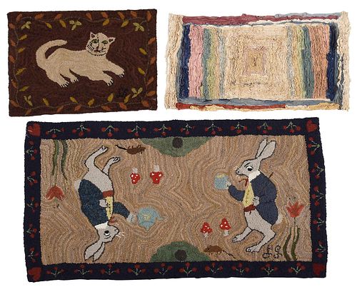 THREE HOOKED RUGS RABBITS AND 374ee3