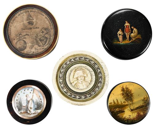 GROUP OF FIVE ROUND SNUFF BOXESContinental  3742d0