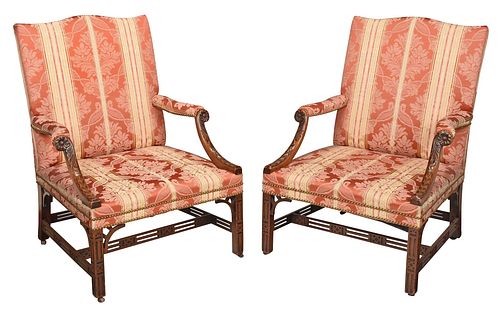 PAIR OF CHIPPENDALE MAHOGANY UPHOLSTERED 374baa
