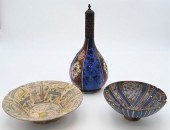 THREE PERSIAN POLYCHROME DECORATED POTTERY
