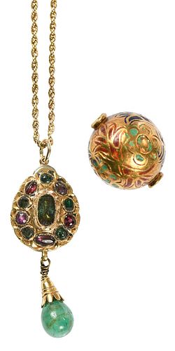 TWO PIECES GOLD GEMSTONE AND ENAMEL 37885d