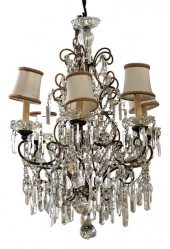 CRYSTAL AND BRASS SIX LIGHT CHANDELIER,