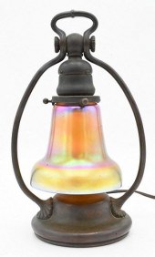 TIFFANY DESK LAMP, BRONZE HARP OR BELL