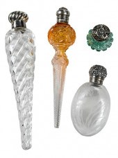 FOUR GLASS AND SILVER PERFUME BOTTLESBritish,